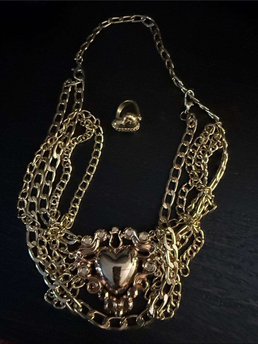 Gold-Tone Heart Pendant Multi-Chain Necklace with Matching Ring